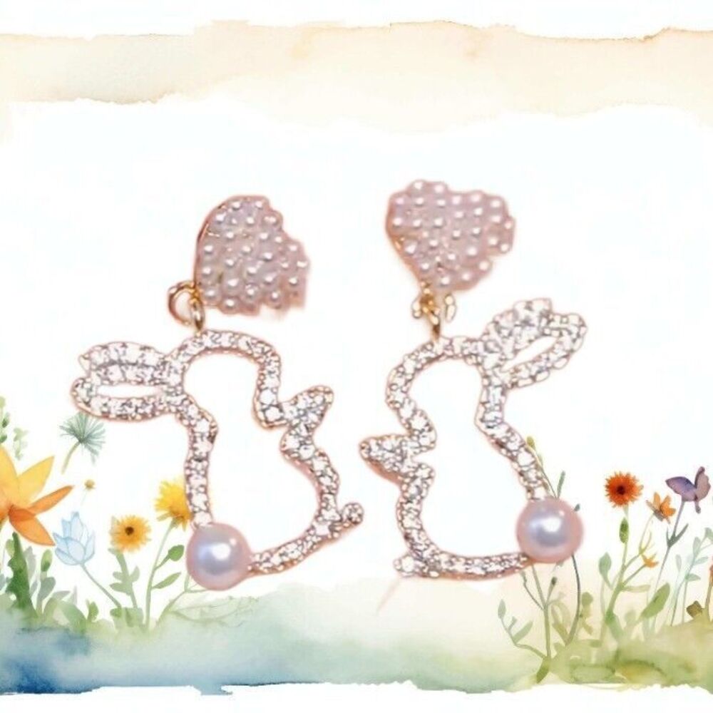 Rhinestone & Pearl Heart Hallow Bunny Bunnies Earrings Rabbit Spring